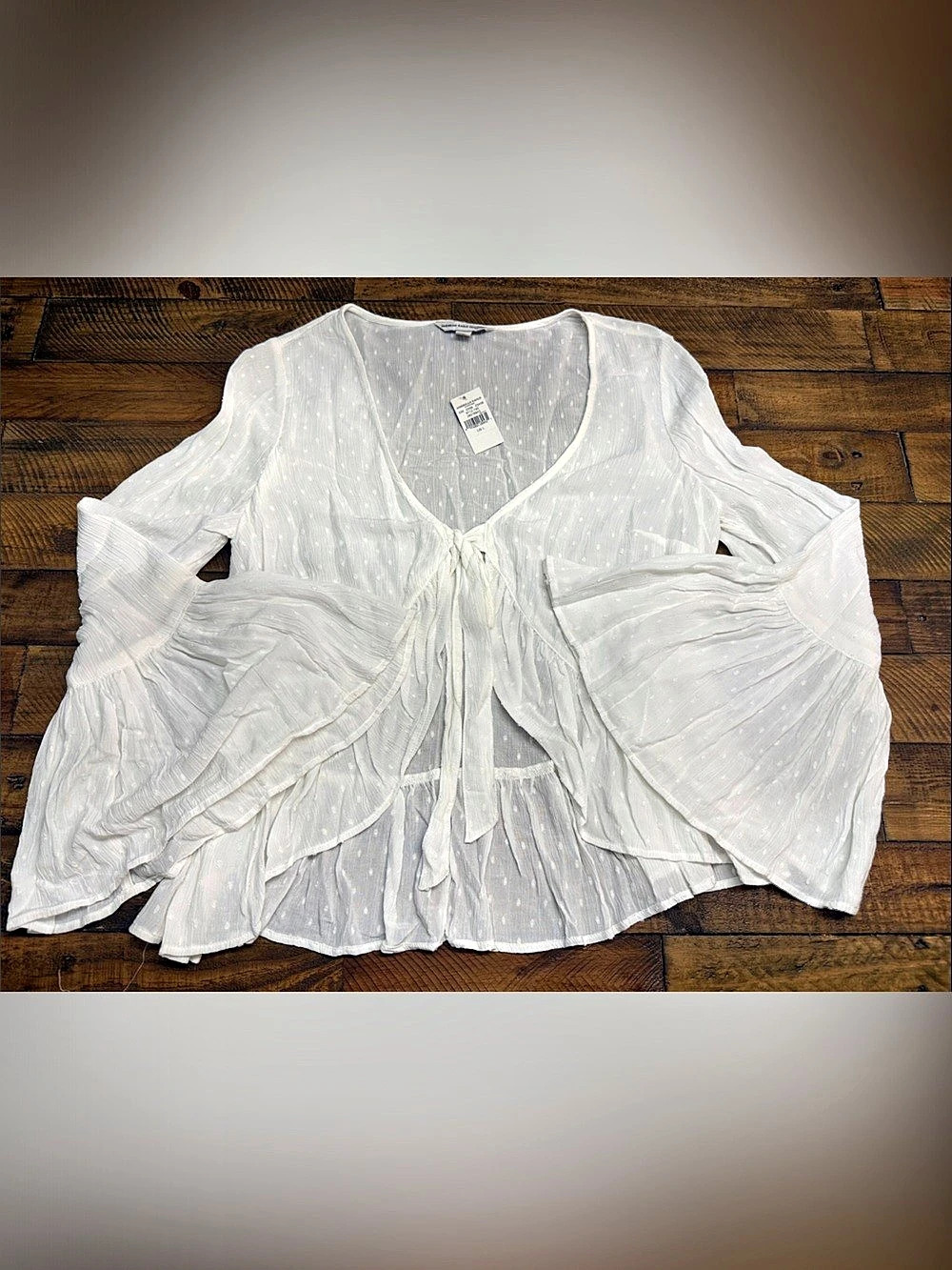 American Eagle Polka Dot Tie-Front Blouse in White Size Large NWT